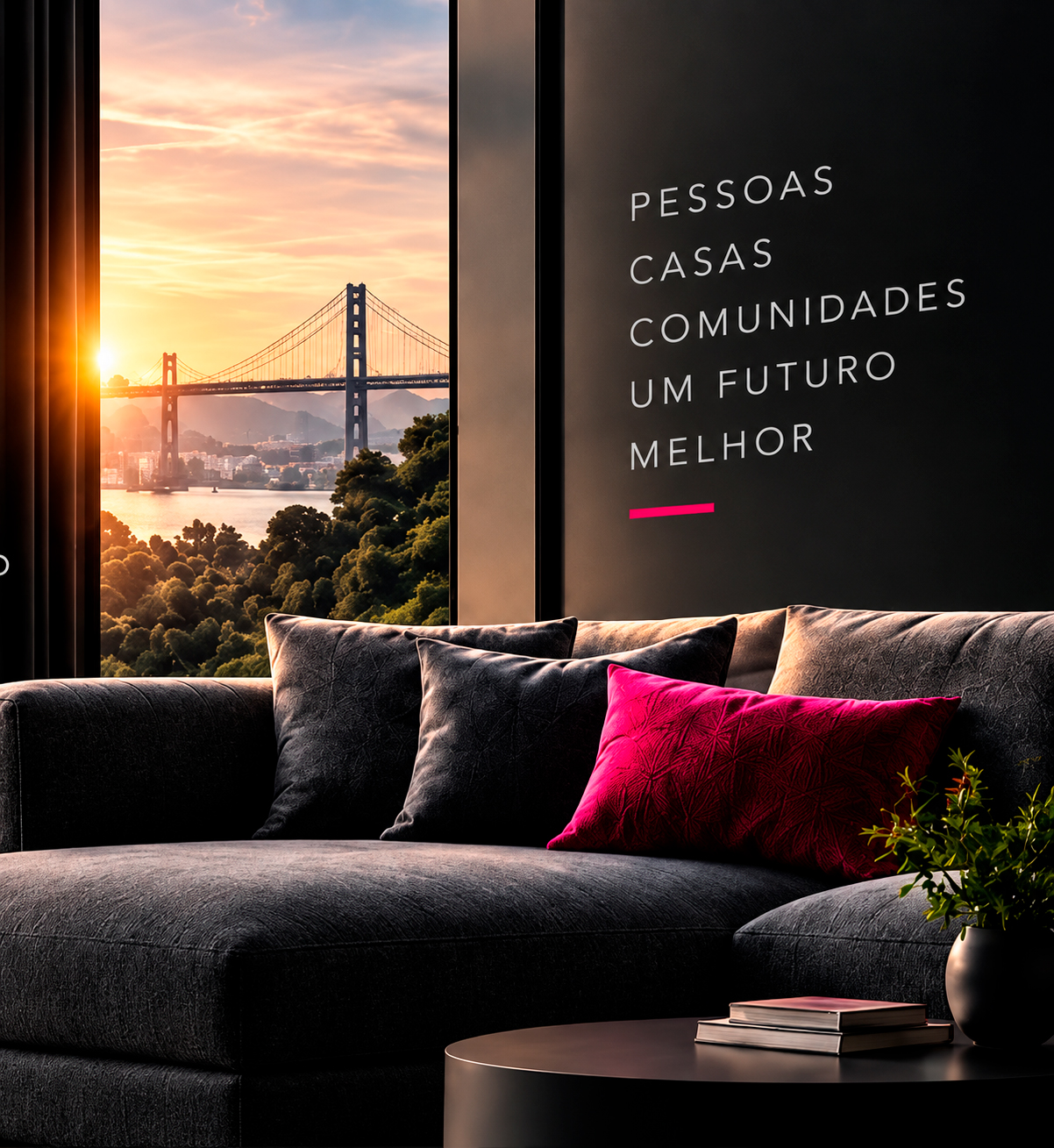 Sala com sofá cinzento, almofada rosa e vista para a ponte